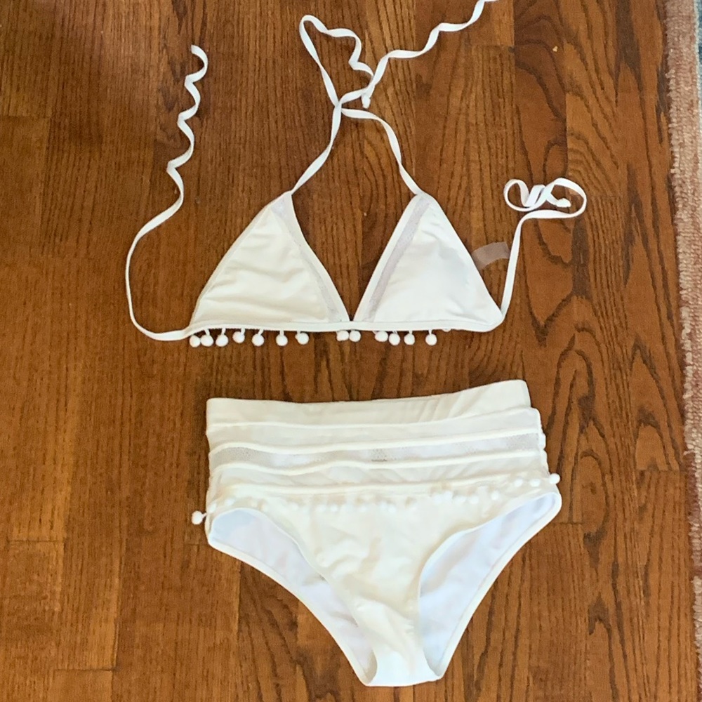 White Pom Pom Bikini high waisted